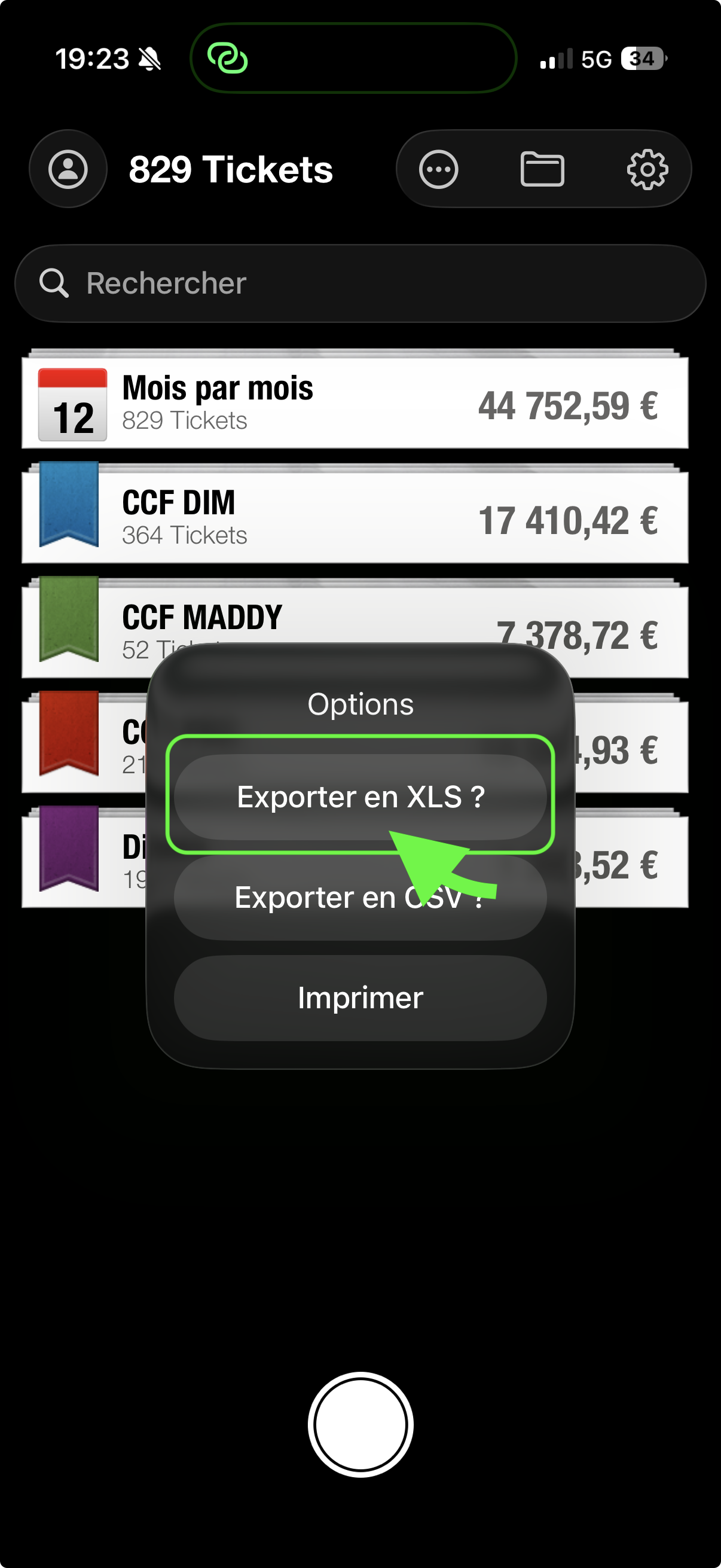 ScanTicket XLS CSV export menu