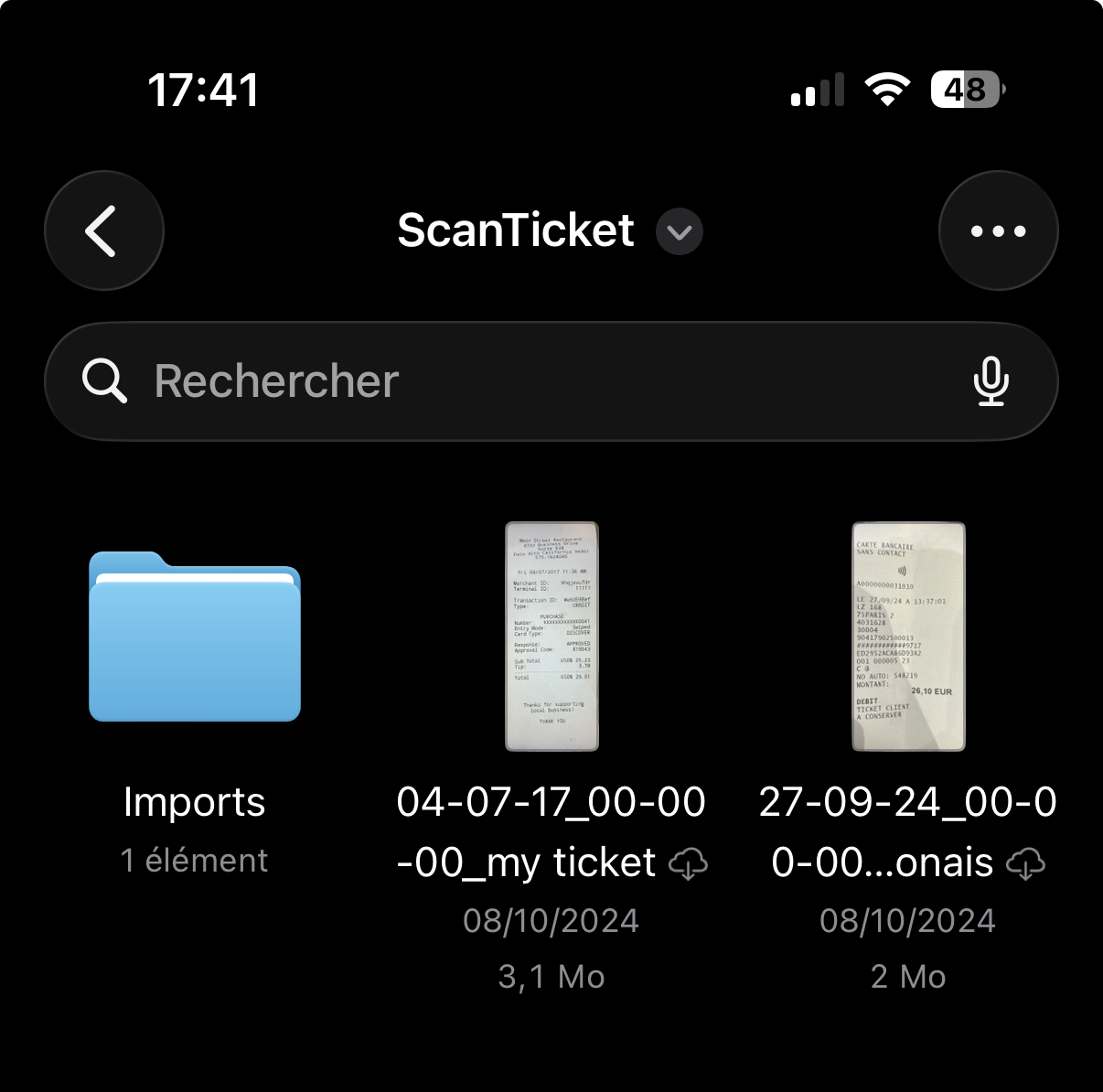 ScanTicket folder in the Files app on iPhone, with the Imports subfolder
