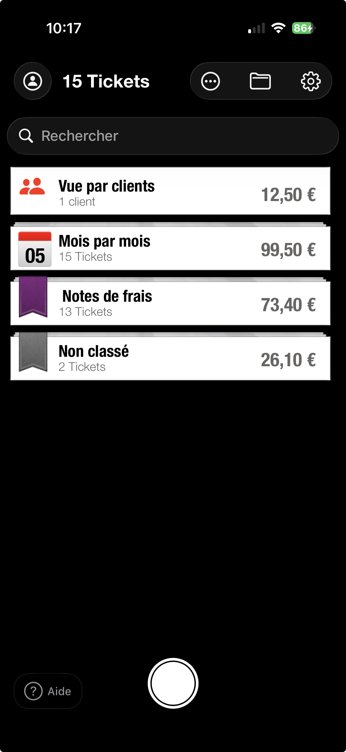 ScanTicket home screen with Clients view, Monthly, Expense reports cells