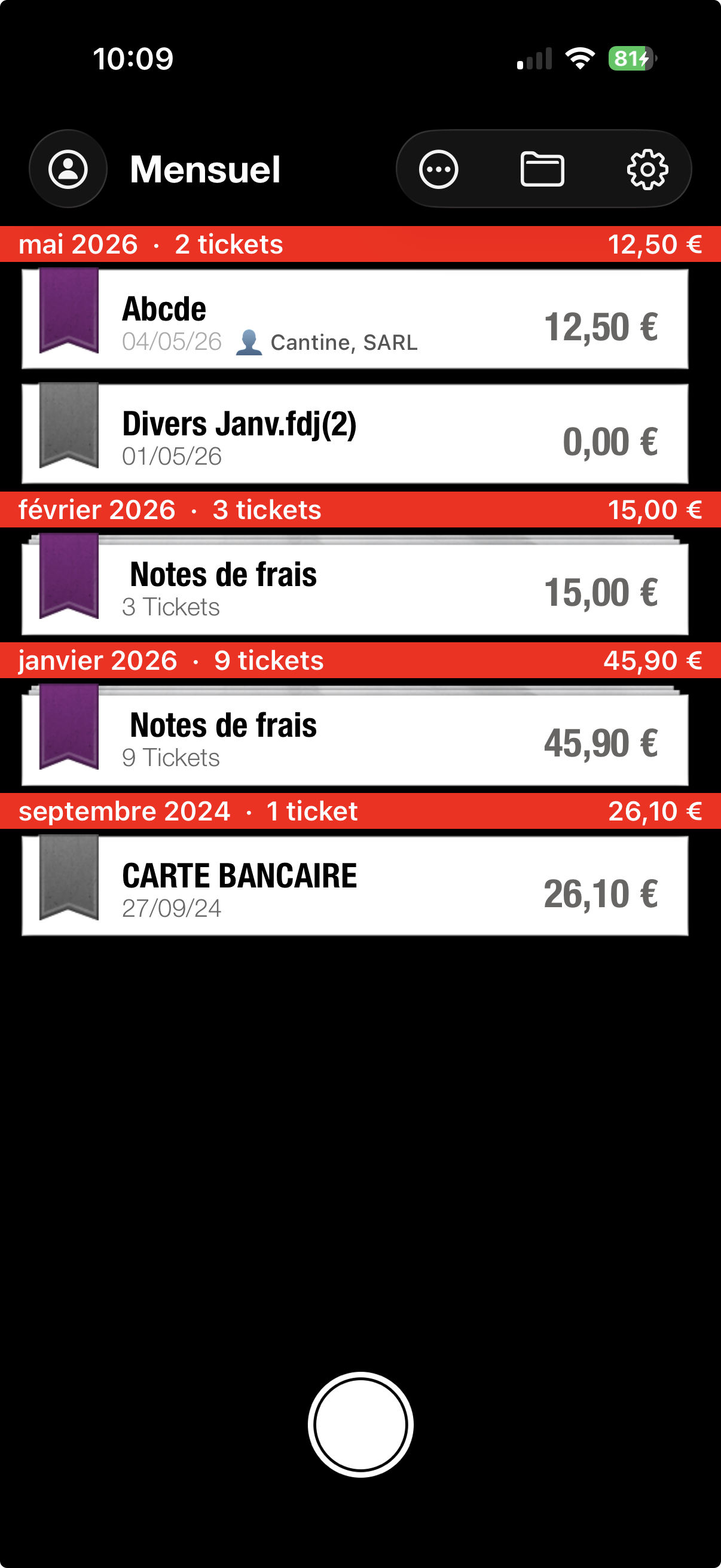 ScanTicket monthly view with a receipt tagged to client Cantine, SARL